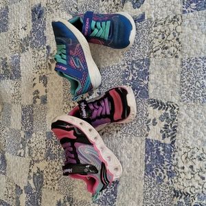 2 Pairs Sketchers Runners GUC Girls 10.5 Blue with Pink & Girls 11 Black & Pink
